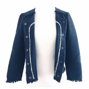 Lucky Brand | Womens Blazer Frayed Jacket Size Small Blue Crewneck Long Sleeves